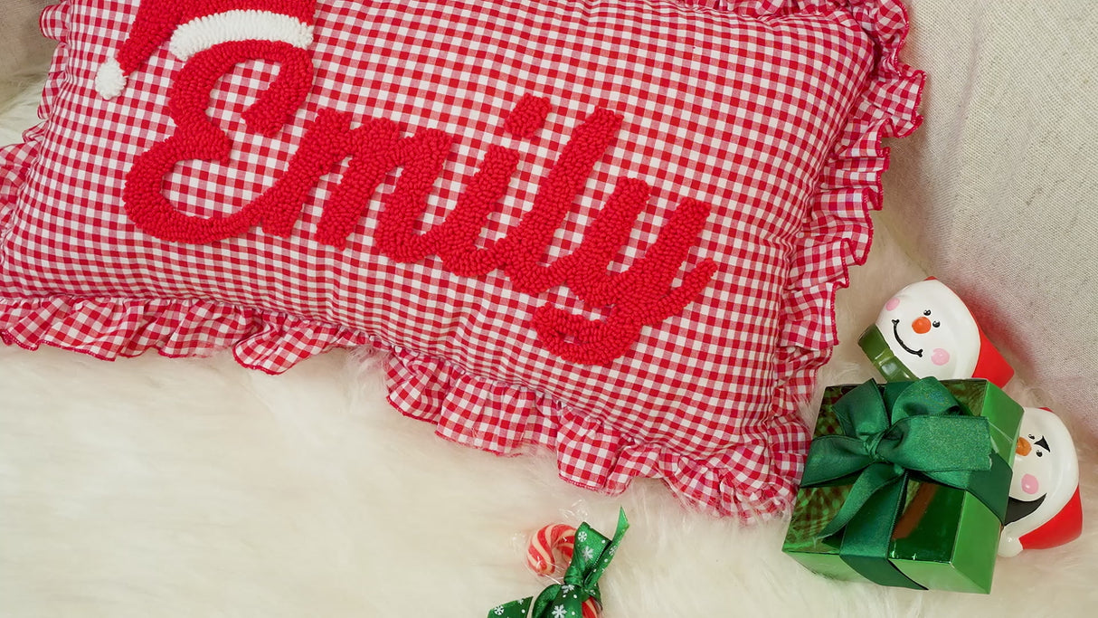 Monogrammed Punch Needle Pillow: Red Gingham Christmas Cushion with Ruffle Edges