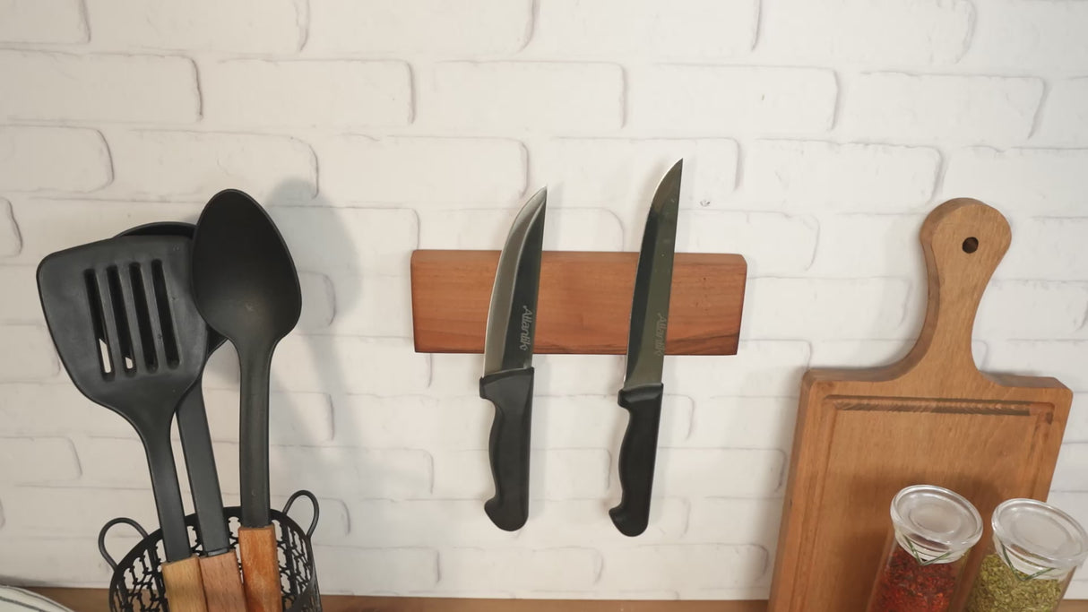 Custom Magnetic Walnut Knife Holder: Rustic Wooden Kitchen Wall Stand, Couple Name Engraving