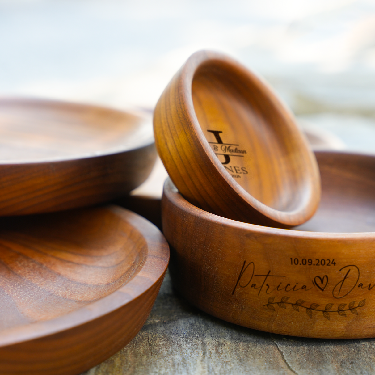 Personalized Wooden Dinner Plate Set: 100% Natural Serving Dish, Rustic Kitchen Trays